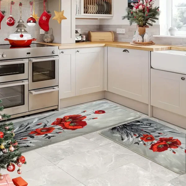2 Piece Kitchen Rug Set - Red Floral Design for Kitchen and Bathroom